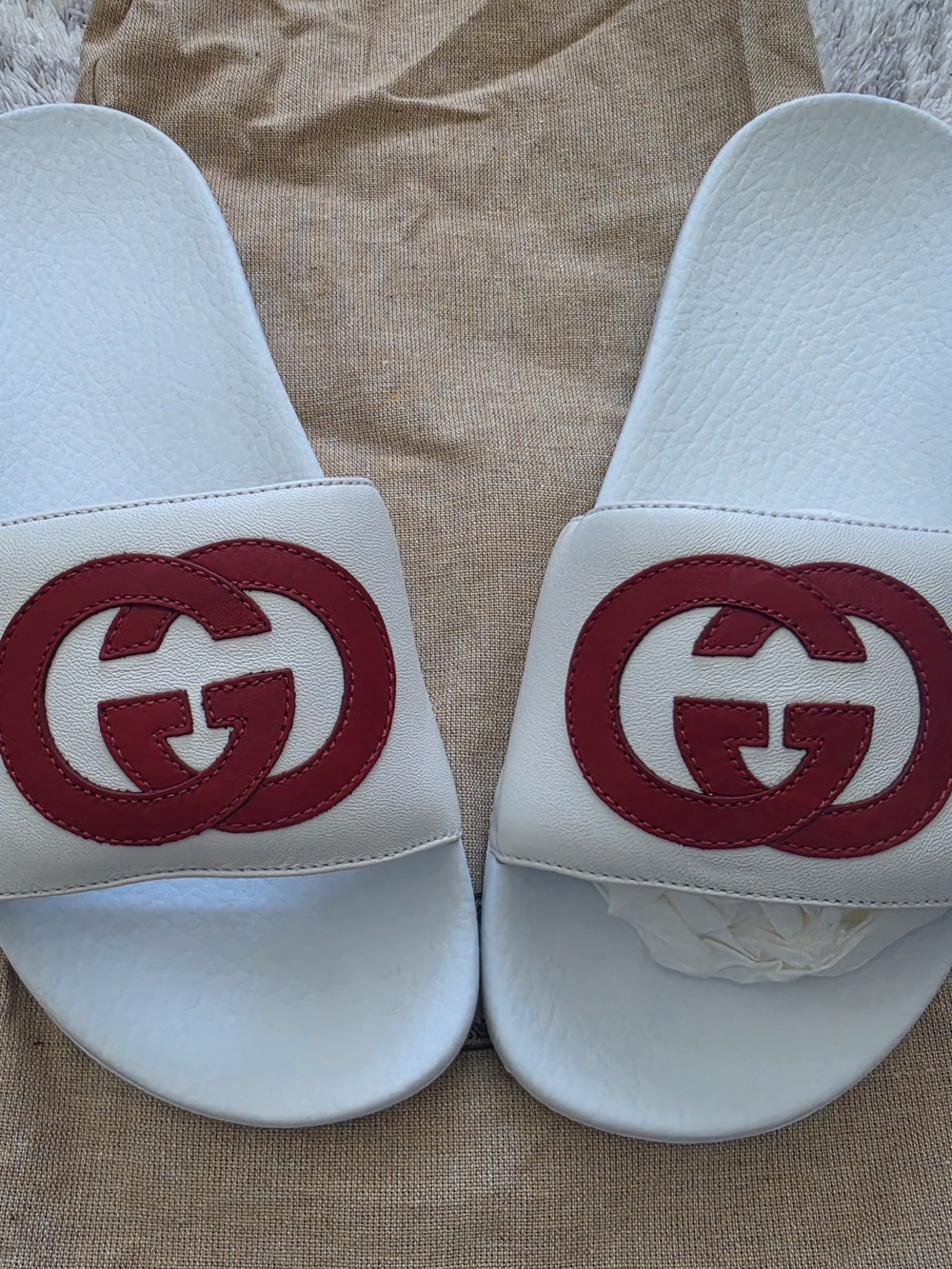 Gucci White Leather Slide Sandals with Red Double-G Logo